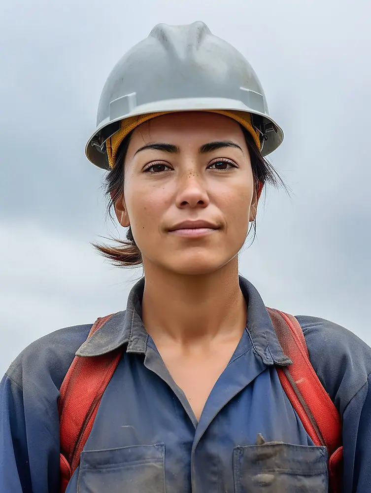 Portrait d'une femme portant un casque de sécurité et une combinaison bleue, évoquant la santé et sécurité au travail.
