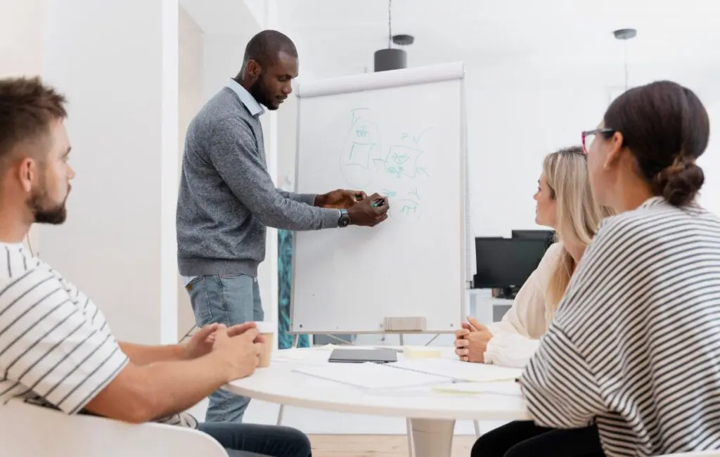 Formateur expliquant un schéma sur tableau blanc à une équipe en formation SSCT.