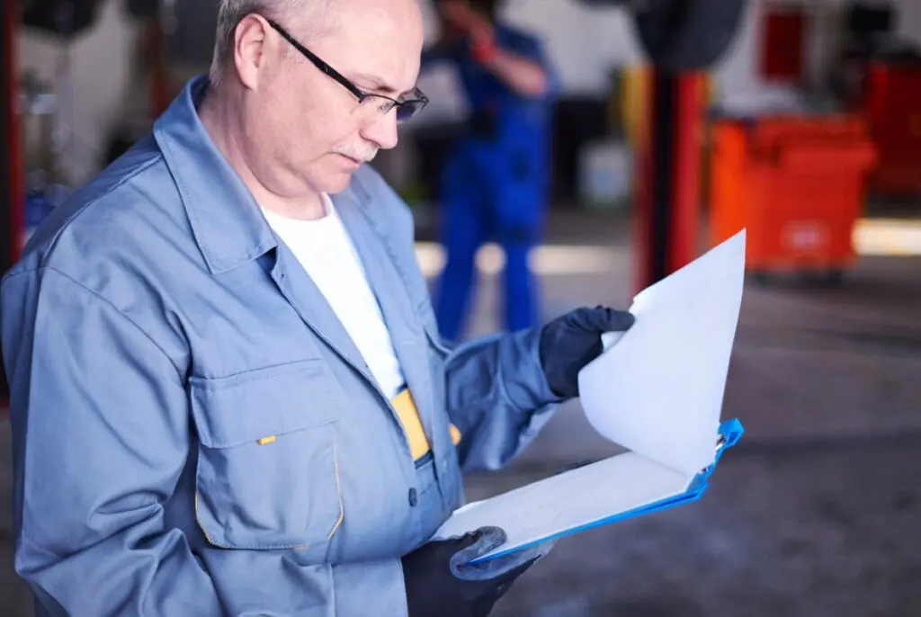 Mécanicien en bleu examinant un document lors d'une visite d'inspection CSE