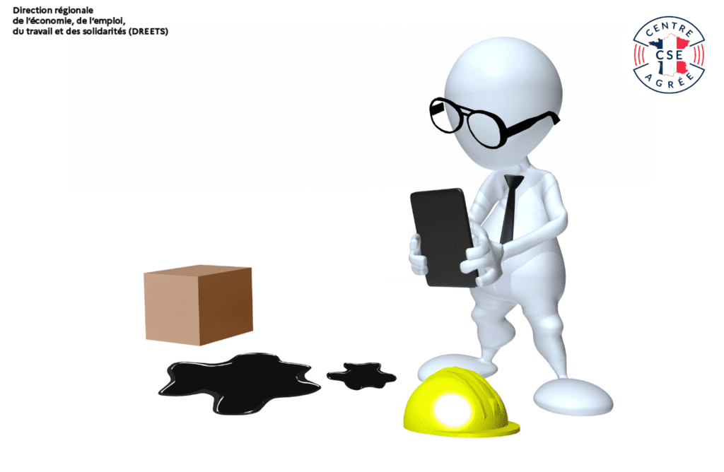 CSE et inspection du travail : personnage 3D, boîte, liquide noir, casque jaune