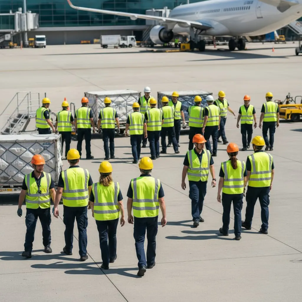 Équipe d'opérateurs en gilets de sécurité sur le tarmac d'un aéroport.