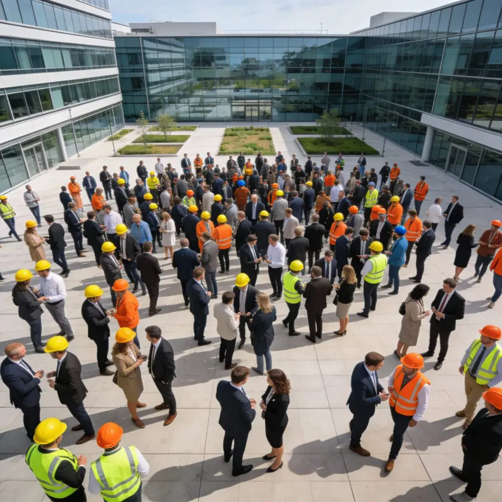 Groupe diversifié de professionnels en tenue de sécurité sur une place moderne.