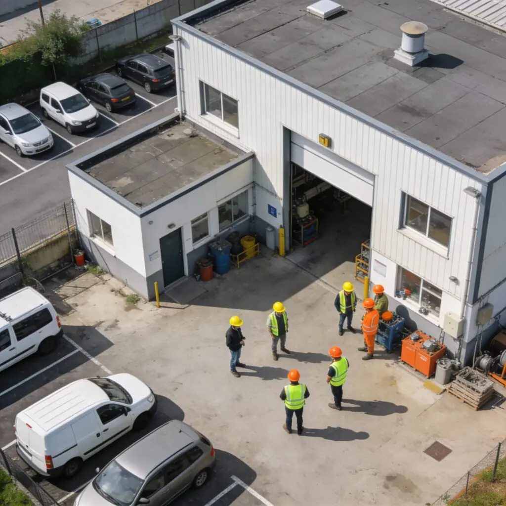 Équipe en tenue de sécurité discutant devant un bâtiment industriel