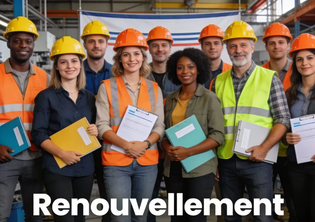 Groupe diversifié de travailleurs sur un chantier, avec le mot "Renouvellement" en gros plan.