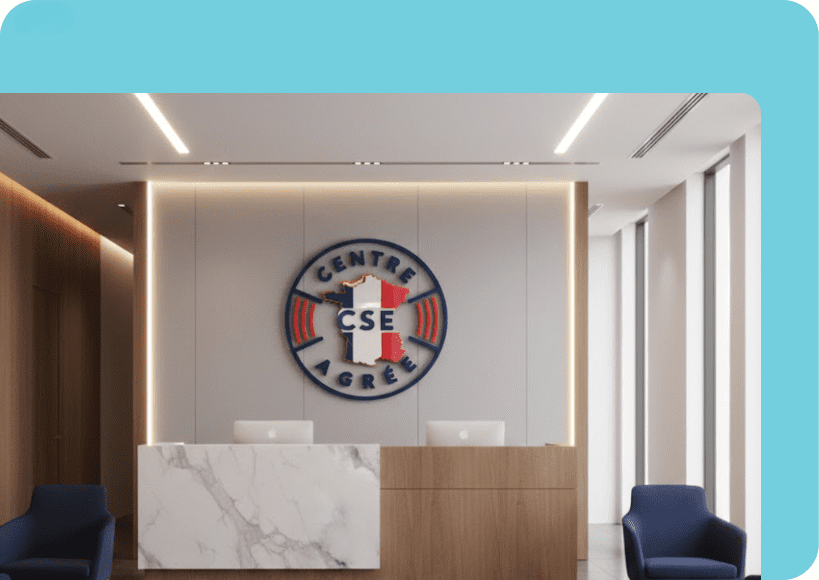 Accueil : logo du Centre CSE Agrée, réception moderne avec fauteuils bleus