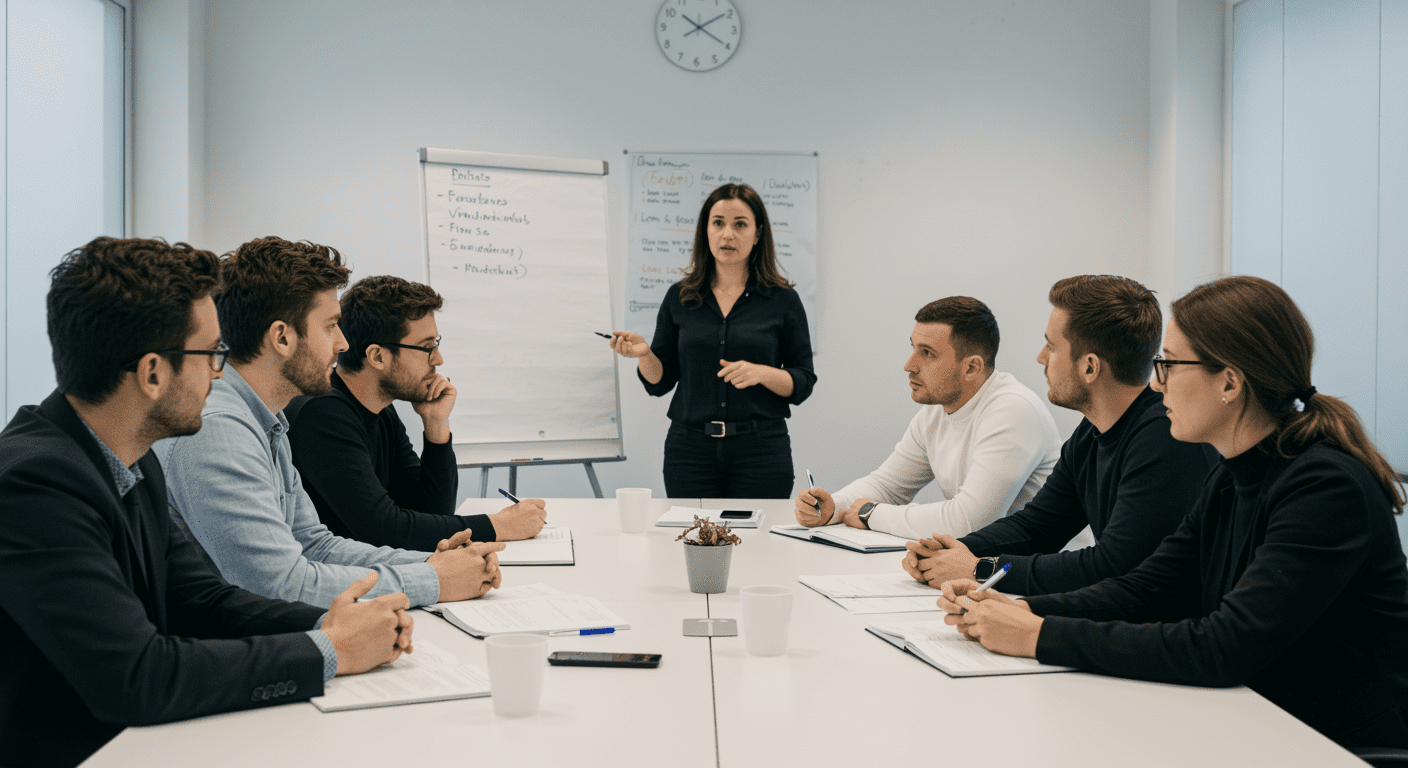 Réunion d'équipe dans une salle de conférence pour une formation CSE
