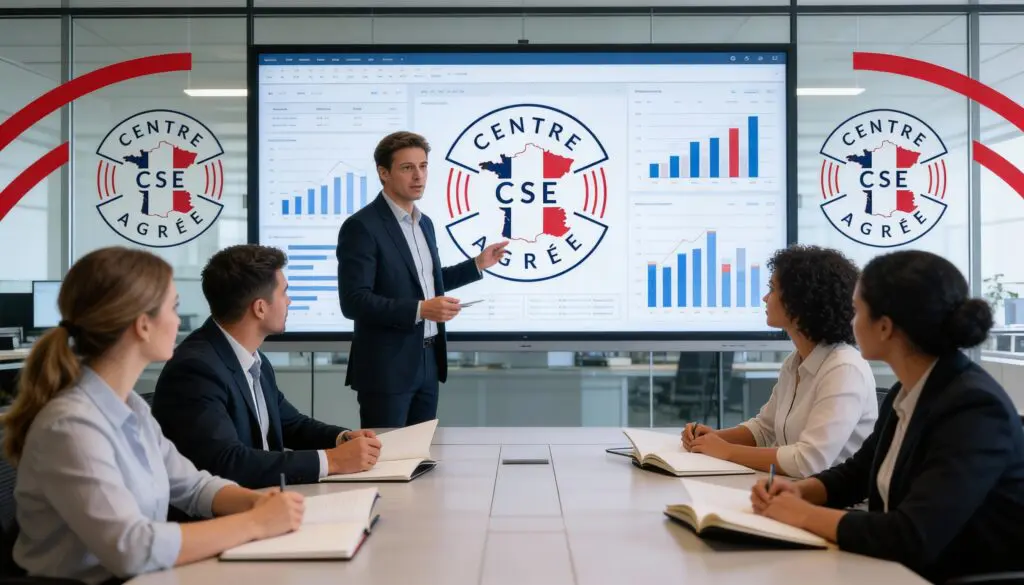 Homme présentant un graphique à une équipe lors d'une formation CSE dans un centre agréé.