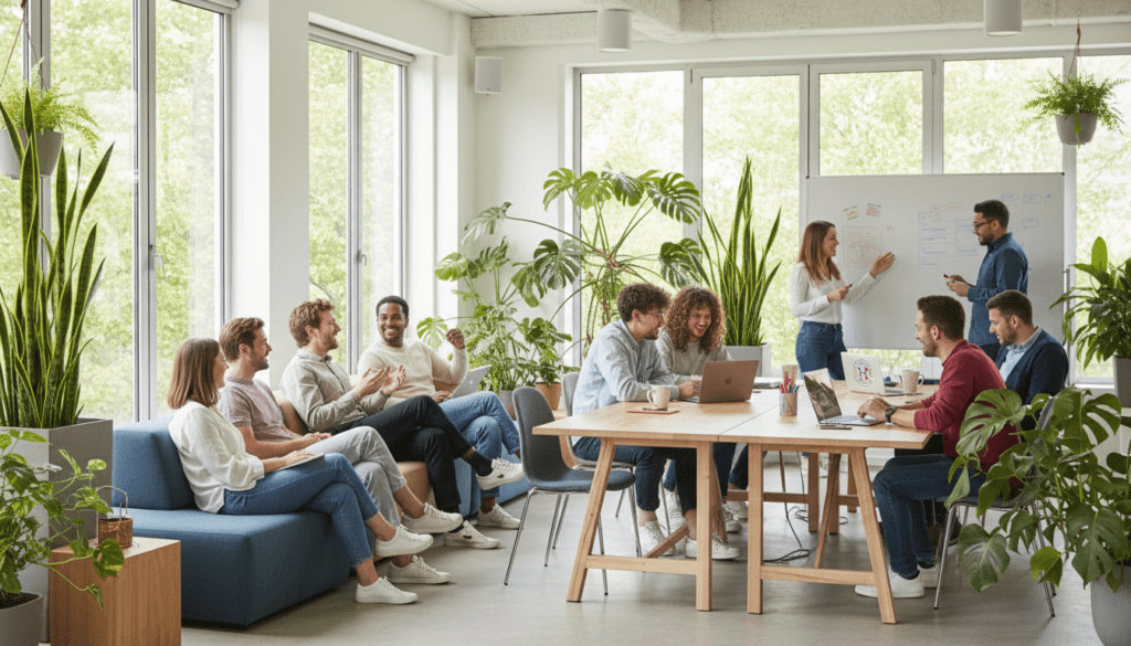 Équipe en formation CSE à Nantes, discutant dans un bureau moderne