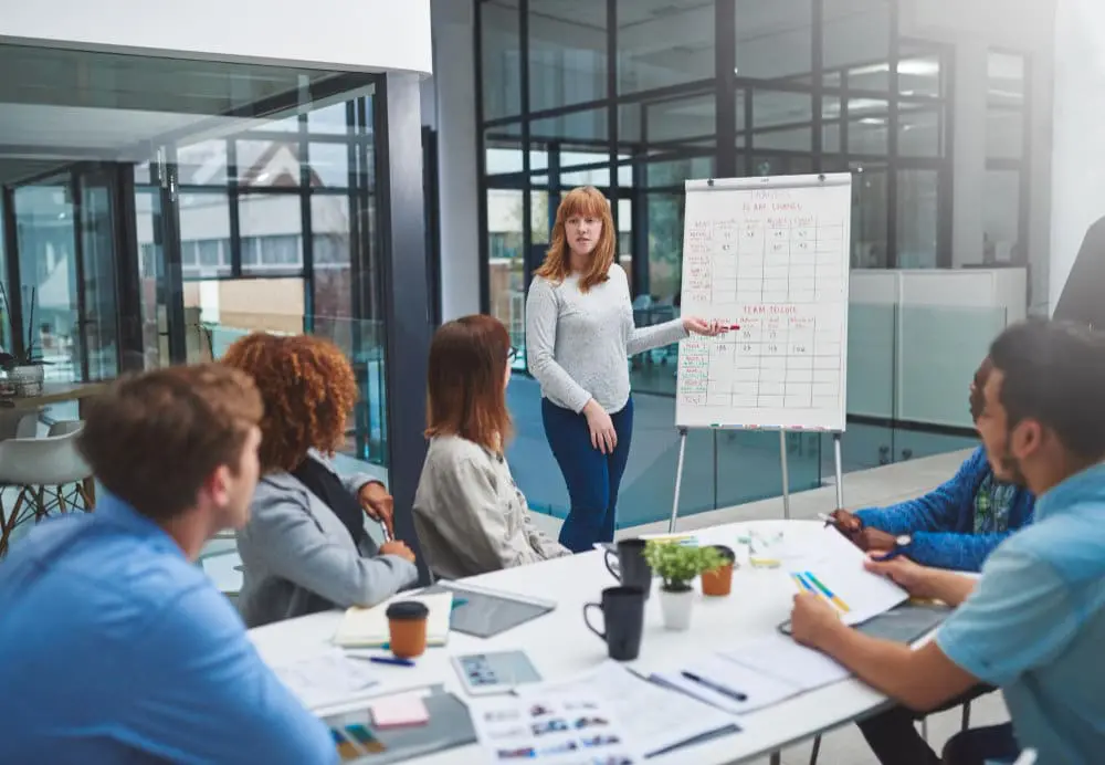 Formation CSE : femme présentant un tableau blanc à une équipe