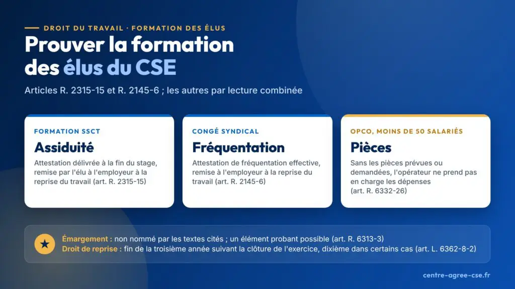 Infographie : pour prouver la formation des élus du CSE, attestation d'assiduité pour la formation SSCT, attestation de fréquentation pour le congé syndical, pièces prévues ou demandées par l'opérateur de compétences lorsqu'il finance, dans les entreprises de moins de cinquante salariés (lecture combinée)