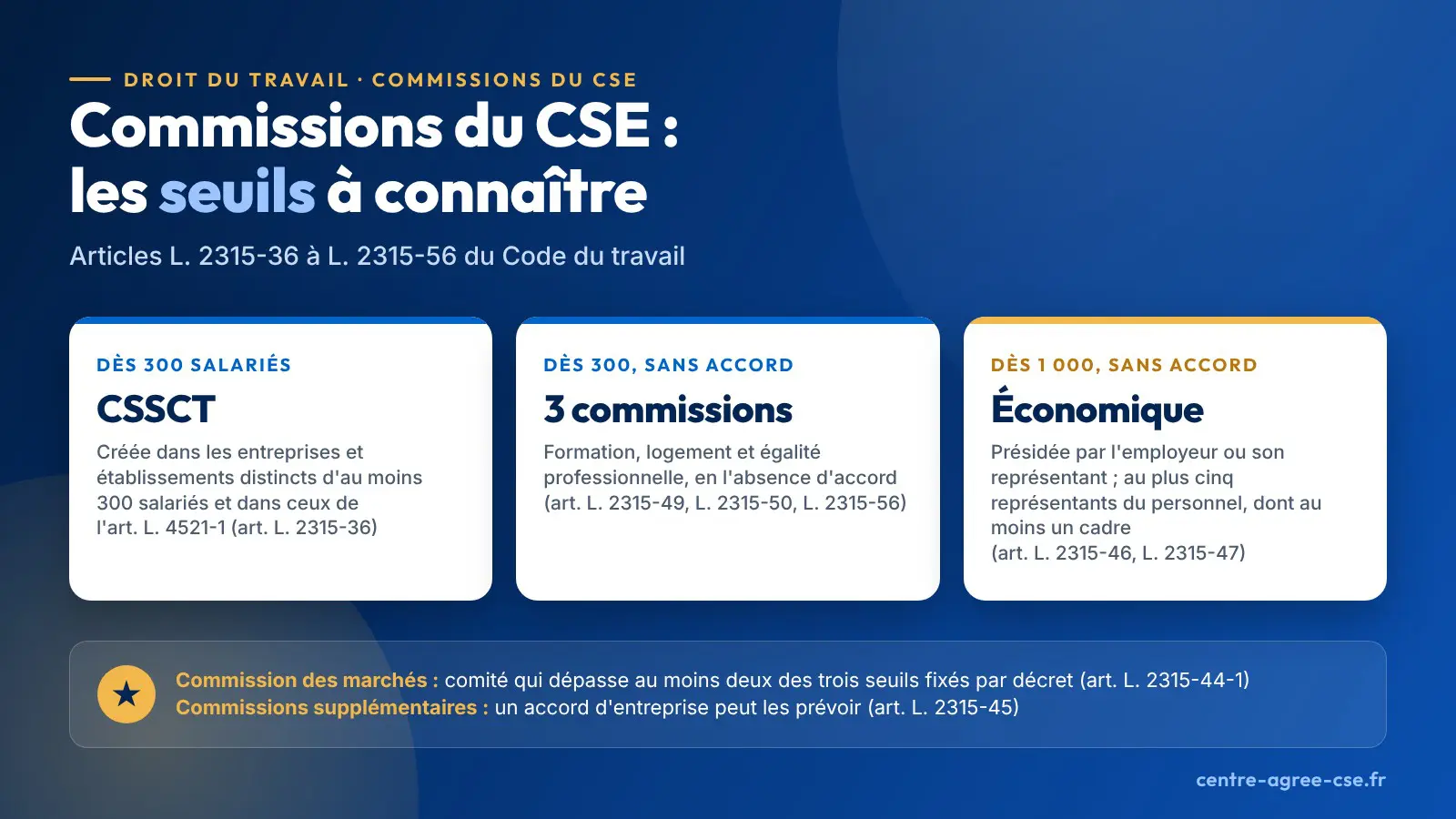 Infographie : commissions du CSE selon l'effectif, une CSSCT dès 300 salariés, trois commissions dès 300 salariés en l'absence d'accord, une commission économique dès 1 000 salariés en l'absence d'accord et une commission des marchés selon les salariés, les ressources et le bilan du comité