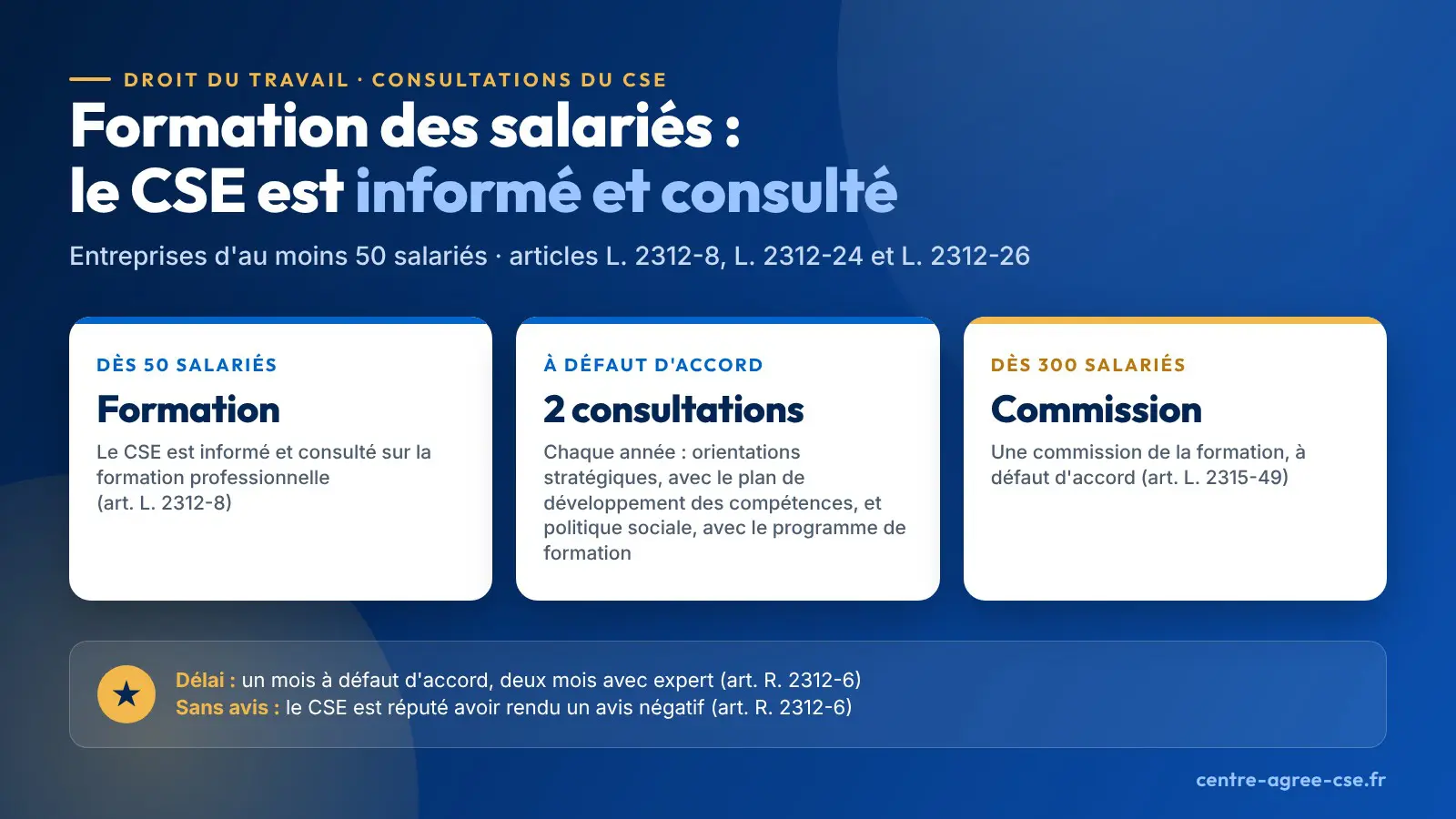 Infographie : dès 50 salariés, le CSE est informé et consulté sur la formation professionnelle, avec deux consultations annuelles à défaut d'accord, une commission de la formation dès 300 salariés et un délai d'un mois pour rendre l'avis