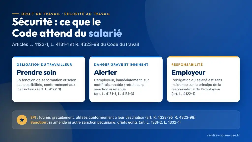 Infographie : chaque travailleur prend soin, en fonction de sa formation et selon ses possibilités, de sa santé, de sa sécurité et de celles des personnes concernées par ses actes ou omissions au travail, et alerte immédiatement l'employeur d'une situation dont il a un motif raisonnable de penser qu'elle présente un danger grave et imminent ; les EPI sont fournis gratuitement ; son obligation est sans incidence sur le principe de la responsabilité de l'employeur