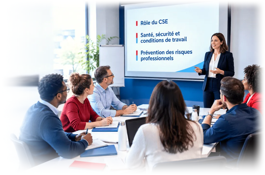 Session de formation CSE : une formatrice présente le rôle du CSE, la santé-sécurité et la prévention des risques à six élus autour d une table