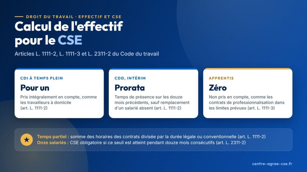 Infographie : pour le CSE, les CDI à temps plein comptent pour un, les CDD et intérimaires au prorata de leur présence sur douze mois sauf remplacement d'un absent, les apprentis ne comptent pas ; le seuil de onze salariés s'apprécie sur douze mois consécutifs