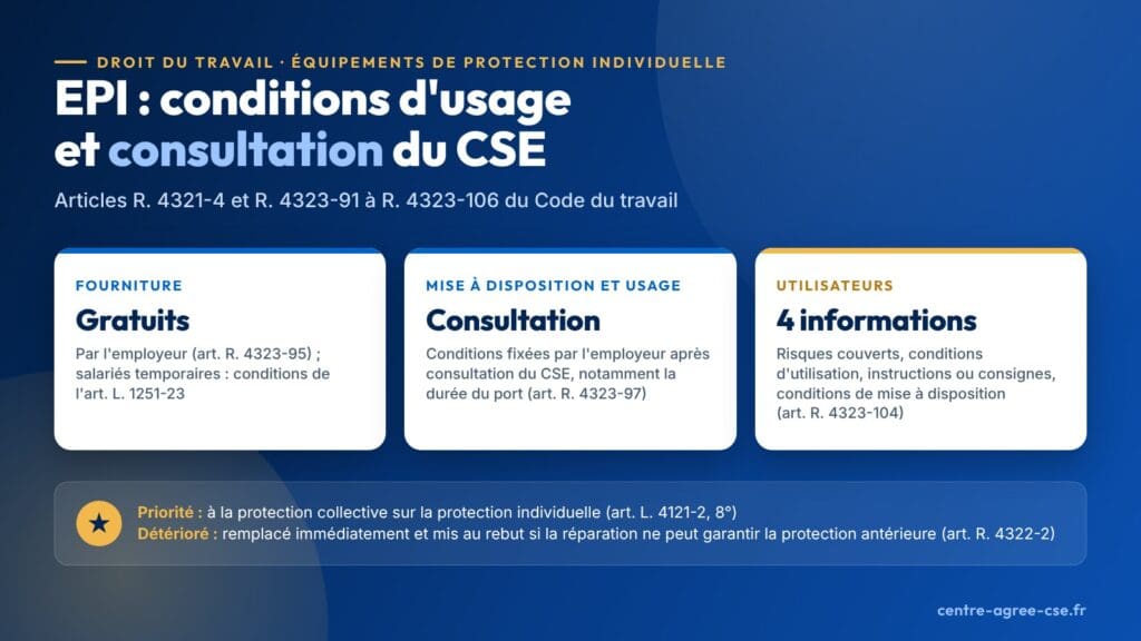 Infographie : équipements de protection individuelle fournis gratuitement par l'employeur (conditions propres aux salariés temporaires), conditions de mise à disposition et d'utilisation déterminées après consultation du CSE, quatre informations dues aux utilisateurs