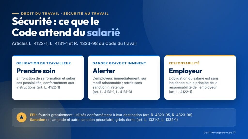 Infographie : chaque travailleur prend soin, en fonction de sa formation et selon ses possibilités, de sa santé, de sa sécurité et de celles des personnes concernées par ses actes ou omissions au travail, et alerte immédiatement l'employeur d'une situation dont il a un motif raisonnable de penser qu'elle présente un danger grave et imminent ; les EPI sont fournis gratuitement ; son obligation est sans incidence sur le principe de la responsabilité de l'employeur
